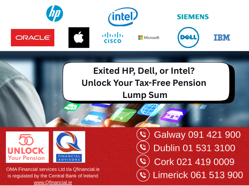 "Tech company logos Unlock Your Pension Power' headline for former tech workers in Ireland."